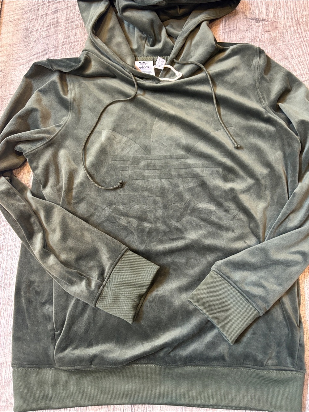 Gorgeous Adidas Women’s Olive Green Velour Crewneck Hoodie